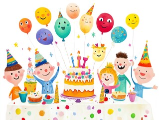Fototapeta premium Friends celebrating a birthday, cake and decorations on a table, vector illustration, white background, diverse characters and happy faces