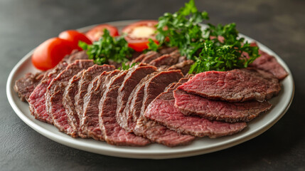 Fototapeta premium A plate of doner kebab, showing the sliced beef meat on top.