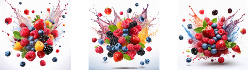 Three splashes of colorful liquid surround a mix of berries and fruit.
