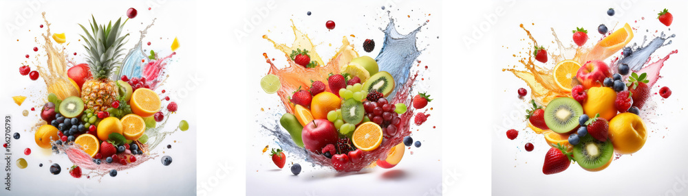 Poster three colorful still life images featuring a variety of fruits with splashes of juice.