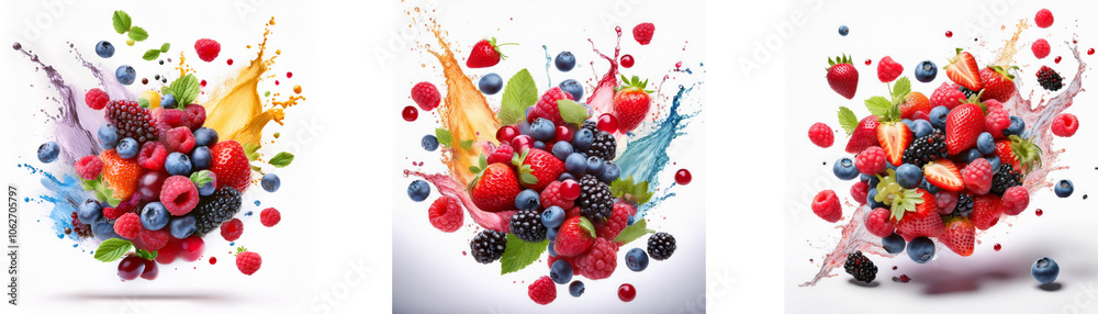 Poster three vibrant splashes of colorful liquid surround a mixture of fresh berries.