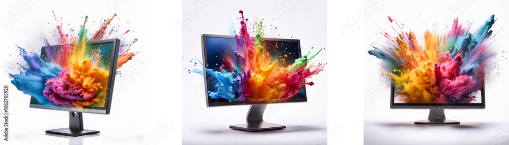 Leinwandbilder three computer monitors show an explosion of color bursting out of the screen.