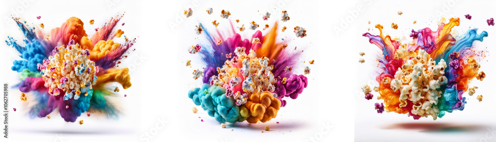Poster Three colorful explosions of powdered paint create a rainbow effect over a white background.