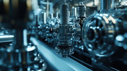 Close-up of a complex metallic machinery system with gears and cogs,  working in a factory.