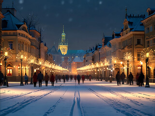 Obraz premium Winter romantic walk through Christmas Prague. Beautiful vintage snow-covered streets with festive lanterns and cozy lights.