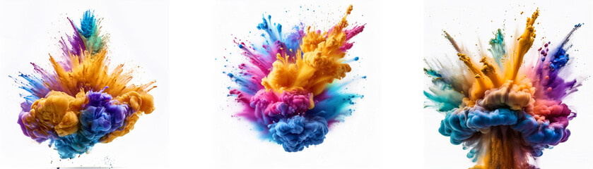 Fototapeta premium Three vibrant colorful explosions of paint against a white background.