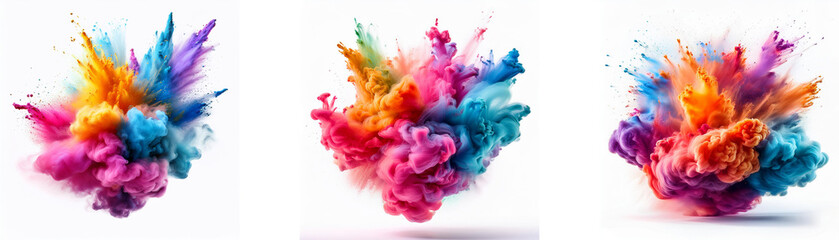 Obraz premium Three colorful powder explosions isolated on a white background.
