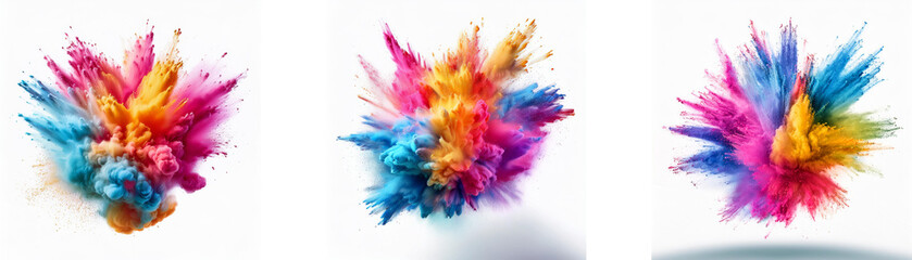 Three colorful powder explosions on a white background.