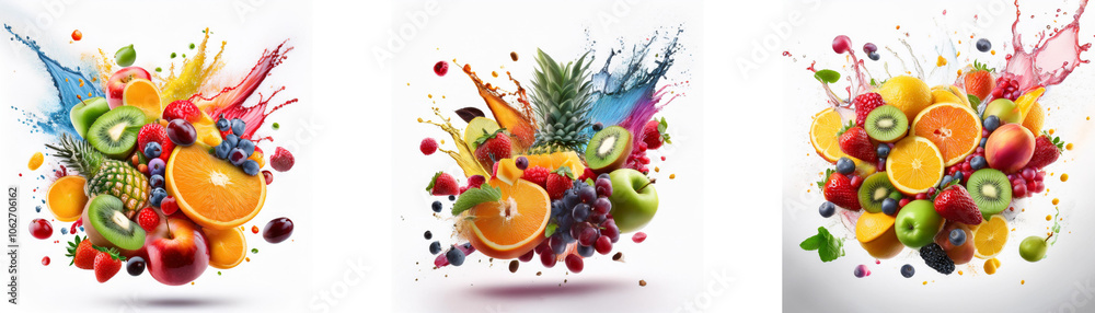 Poster a white background with three groups of fruits and colorful liquid splatters.
