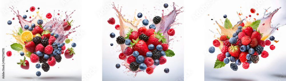 Poster three groups of fresh berries and fruit with splashes of juice arranged on a white background.
