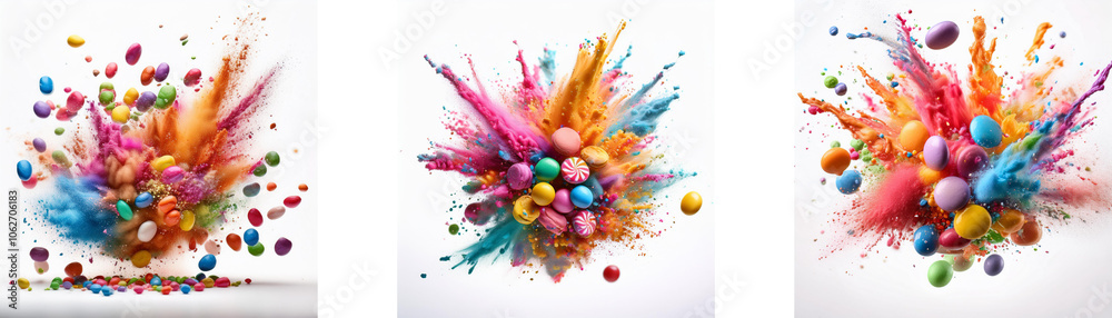 Poster three colorful explosions with candy at the center on a white background.