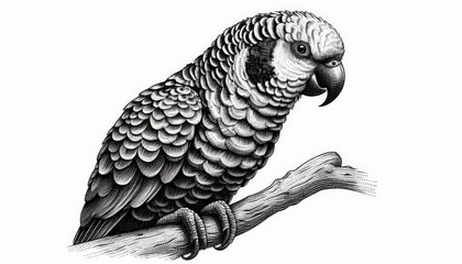 a parrot, sketch engraving illustration. Scratch board imitation. Black and white image.