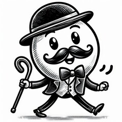 Fototapeta premium cartoon character with a bowler hat, mustache, and cane, walking with a cheerful expression sketch engraving. Black and white image
