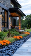 Minimalist Garden Design Surrounding Modern Home, sleek lines, vibrant greenery, harmonious outdoor space, contemporary aesthetic, elegant simplicity