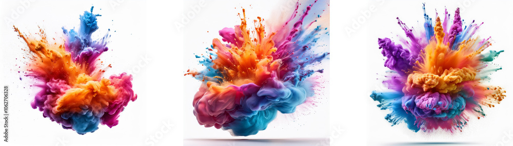 Poster three colorful powder explosions, each in a different configuration, against a white background.