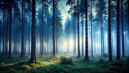 Dark forest landscape with tall trees and misty atmosphere at dawn, landscapes, wilderness, scenery, atmosphere