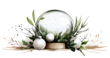 Snow globe with white ornaments and greenery on a rustic background.