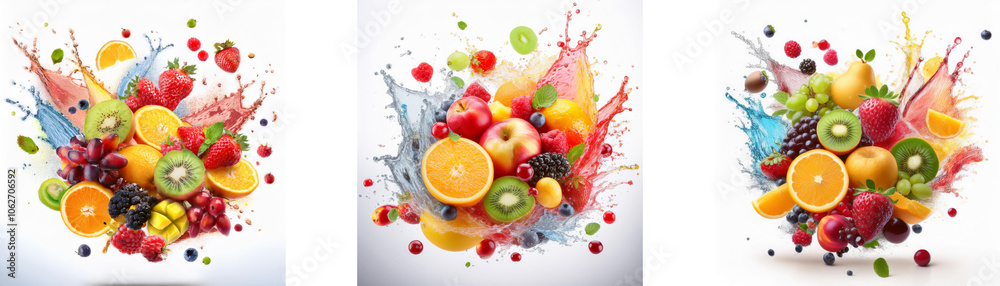 Poster A splash of colorful liquid with fresh fruit, creating a vibrant and enticing display.
