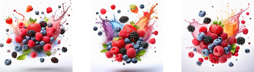 A collection of mixed berries with colorful splashes of juice around them