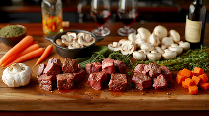 Obraz premium Ingredients for Classic Beef Bourguignon Preparation