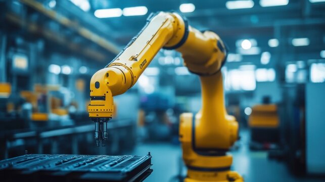 A yellow robotic arm working in a factory.