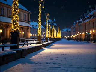 Obraz premium Winter romantic walk through Christmas Prague. Beautiful vintage snow-covered streets with festive lanterns and cozy lights.