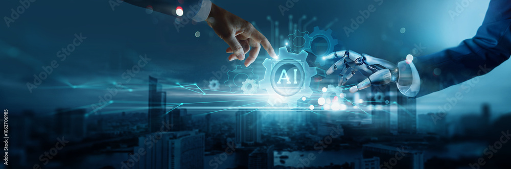 Leinwandbilder AI, Hands of robot and human touching a gear wheel for industry and development iot on data network, Machine deep learning, Science and artificial intelligence technology, innovation to futuristic.