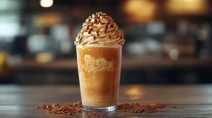 A close-up view of a coffee frappuccino with coconut flakes, sitting on a table.