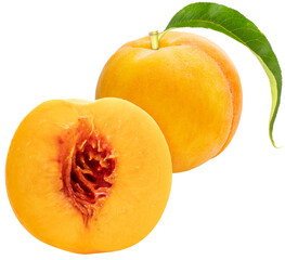 Yellow Peach with leaf isolated on white background, Fresh Yellow Peach Fruit on White PNG File.