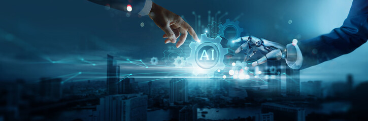 AI, Hands of robot and human touching a gear wheel for industry and development iot on data...