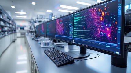 Naklejka premium Medical Laboratory, High-Tech Laboratory with Advanced Equipment and Data Analysis Screens