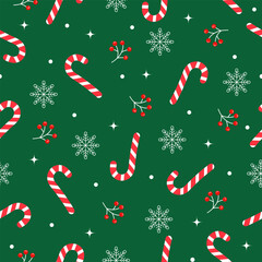 illustration of christmas candy with berry and snowflake in seamless pattern design background. suitable for wallpaper,poster,greeting card and other. christmas background on green design