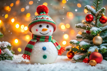 Obraz premium snowman and christmas tree. snowman, christmas, snow, winter, holiday, hat, xmas, tree, cold, snowflake, vector, illustration, card, decoration, cartoon, celebration, season, scarf, new, year, decembe