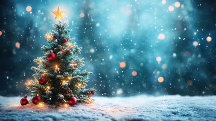 Obraz premium Christmas background featuring a snowy landscape with ample space for decorations, including a Christmas tree and a soft blue blurred ambiance