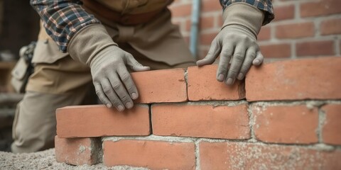 Close up of industrial bricklayer laying red bricks carefully at construction site, skilled trade, profession, construction