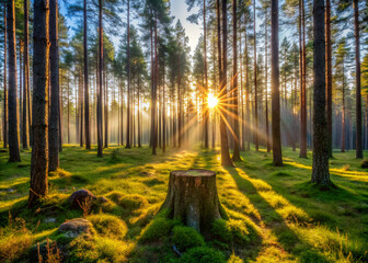 Fototapeta premium sunset in the forest. forest, autumn, trees, nature, tree, landscape, fall, sun, park, leaves, light, path, woods, leaf, wood, green, foliage, season, yellow, misty, mist, fog, birch, sunlight, colorf