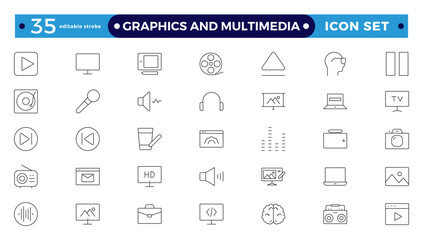 Graphics and Multimedia icon set. Set of cinema, movie, video icons, collection film, TV. Popcorn box package Big movie reel. Graphic design, creative package. Editable stroke outline icon.