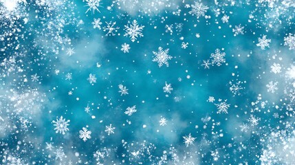 Fototapeta premium Beautiful falling snowflakes wallpaper. Winter dust ice particles. Snowfall weather white teal blue background. Many snowflakes january theme. Snow hurricane scenery, Magic nature fantasy snowfall