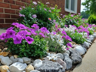 Graceful front yard design featuring vibrant flowering plants, carefully arranged decorative rocks, lush greenery enhancing curb appeal