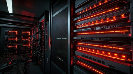 Network server room with glowing firewall symbols. secure data systems.