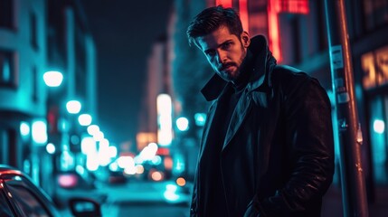A man in a black leather jacket stands on a city street at night, illuminated by neon lights.