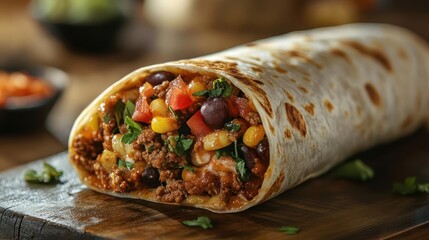 A delicious Mexican burrito filled with beef, beans, corn and tomatoes, ready to be savored.