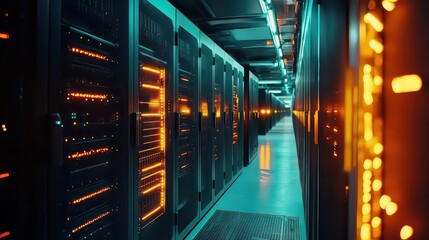 Network server room with glowing firewall symbols. secure data systems.