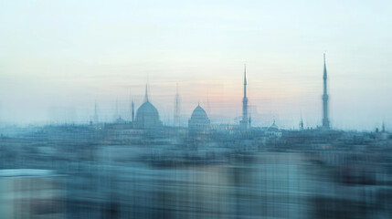 Naklejka premium The Cairo skyline stretches out on a blurry day, with the Sultan Hassan Mosque and the Al Rifai Mosque standing out in the distance.