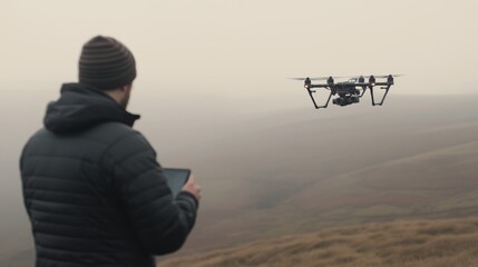 A man operates a drone in a misty landscape on a cool day, capturing aerial views of the terrain and surroundings.
