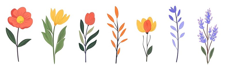 Collection of floral and botanical elements. Set of leaf, foliage wildflowers, plants, bloom, leaves and herb. Hand drawn of blossom spring season for decor, website, graphic and shop