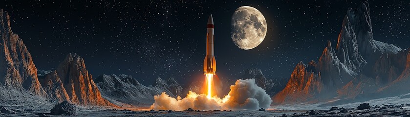 Fototapeta premium Rocket launching into space, illuminated by the moon, surrounded by a rocky lunar landscape.
