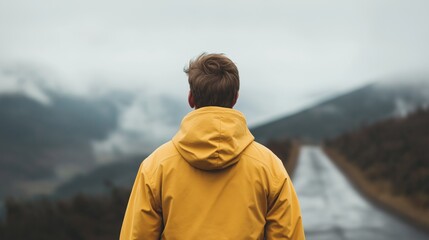 A person in a yellow rain jacket gazes at a misty mountain landscape on a cloudy day while standing on a winding road.
