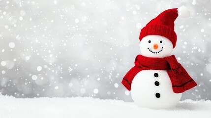 Obraz premium Cheerful snowman with a red hat and scarf on a snowy background.