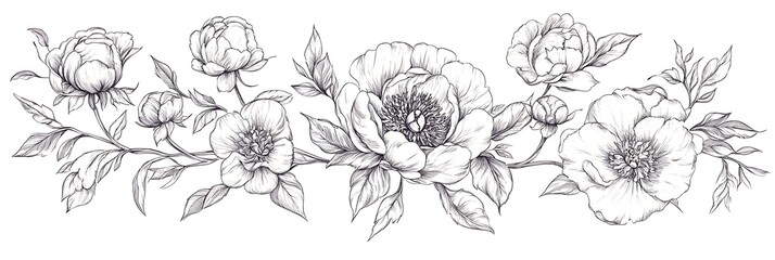 Collection of sketches of blooming floral plants. Hand drawn vintage peony flowers and leaves in line art style. botanical engraving on white background
